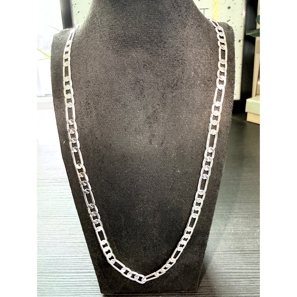 Figaro Chain Necklace Mens 23.5" Silver 925 Sterling Link Clasp